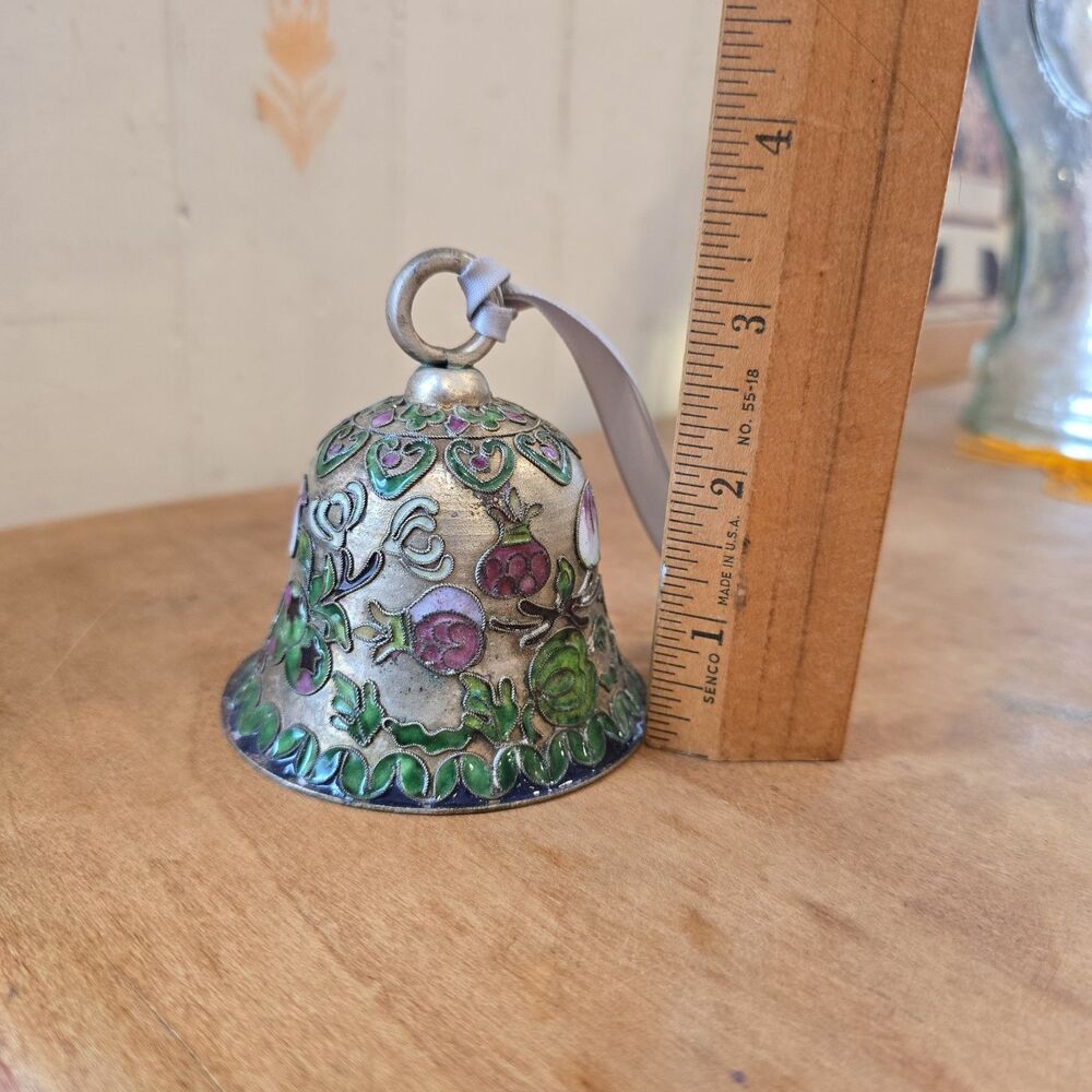 Cloisonné Enameled Ornament Molded Copper Bell with Fruit And Flowers NYCO - Picture 2 of 5